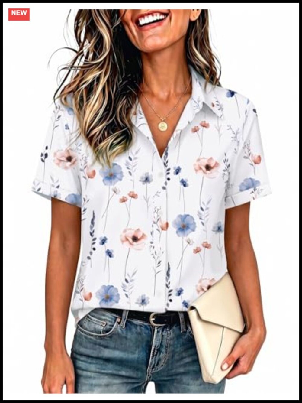 Zeagoo Womens Button Down Blouse Cuffed Short Sleeve Casual Work Shirt